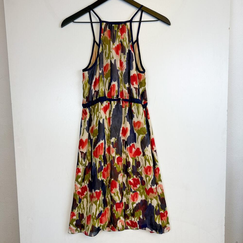 Mouliette Soeurs Anthropologie 100% Silk Mini Floral Dress Beige Blue - 4 - Picture 6 of 9